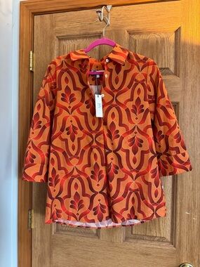 NWT Perlavera Orange Patterned Button-Down Shirt
